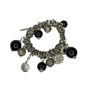 Vintage Beaded Bracelet Black Silver‎ Tone Metal Chain Link Plastic Metal Beads